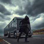Mysterious thief running from a parked semi-truck under stormy skies, symbolizing FMCSA Account Scams and carrier vulnerability.