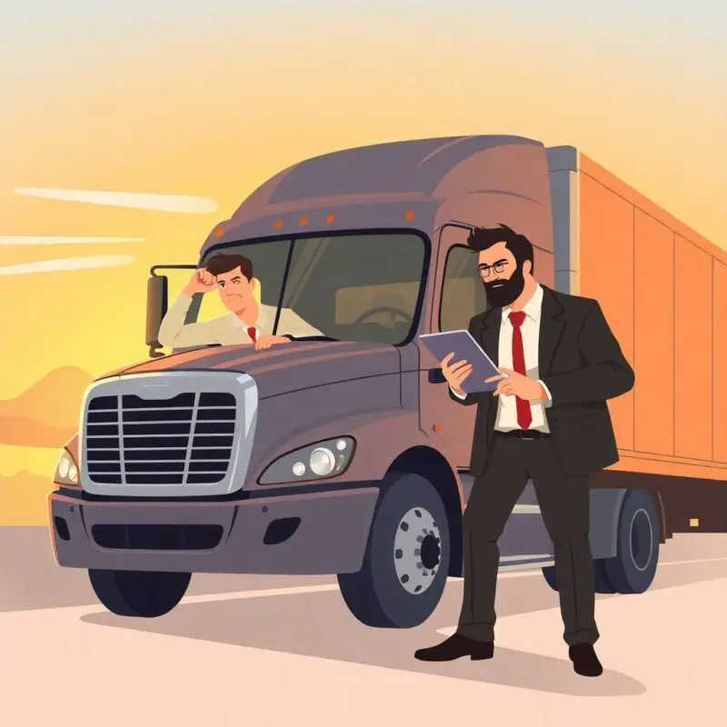 Flat-style illustration of a trucker looking frustrated at sunset while a consultant with a tablet represents FMCSA Account Scams