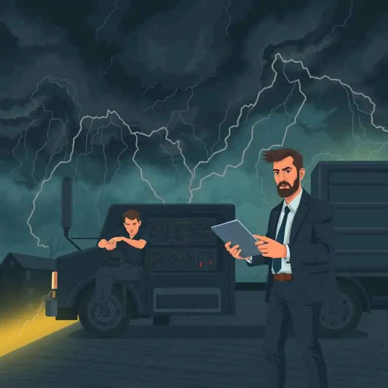 Flat-style illustration showing a confused trucker and a suspicious consultant during a storm, symbolizing FMCSA Account Scams