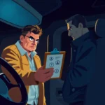 Truck driver confronts a suspicious man with a clipboard, symbolizing FMCSA Account Scams inside a cab at night.
