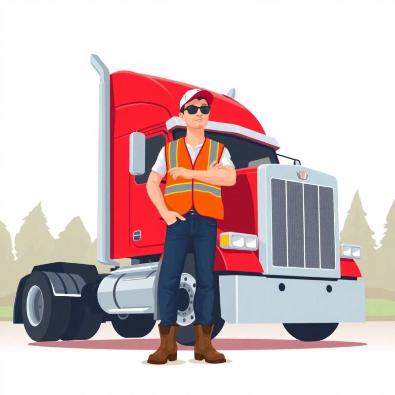 FMCSA Compliance Assistance for Trucking Companies depicted with a confident American truck driver standing in front of a red semi-truck