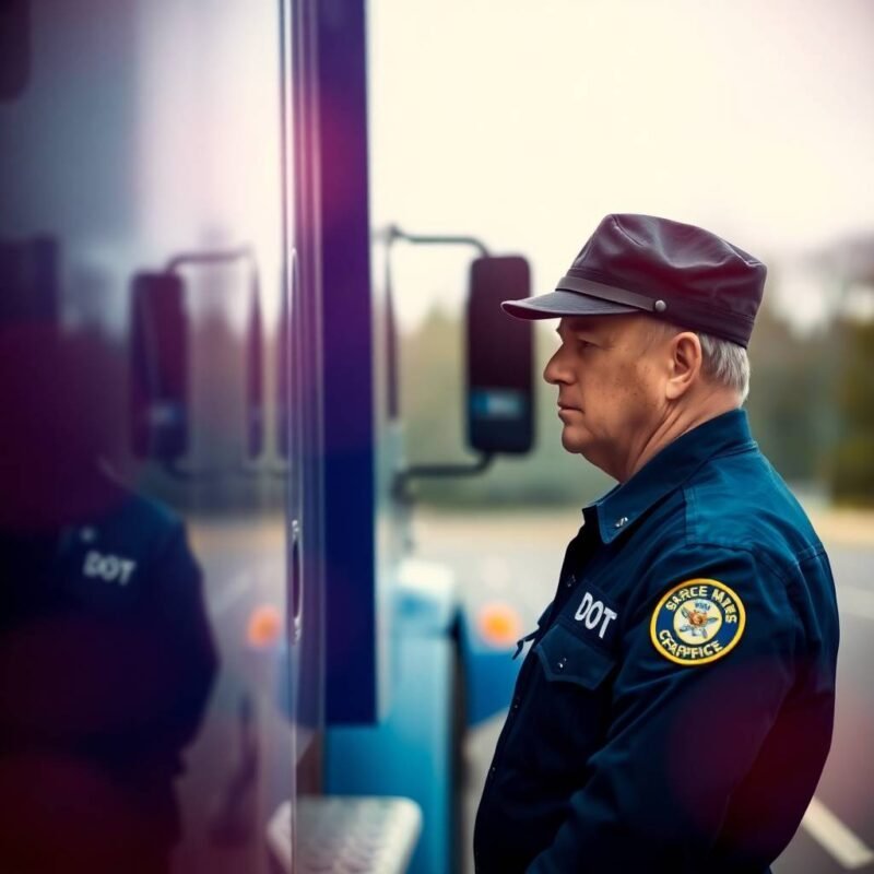 FMCSA Compliance Assistance for Trucking Companies shown through a DOT officer inspecting a blue semi-truck on the roadside