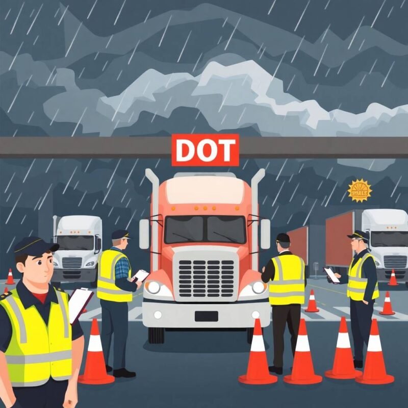 FMCSA Compliance Assistance for Trucking Companies illustrated through DOT officers inspecting semi-trucks during a storm at a roadside inspection station