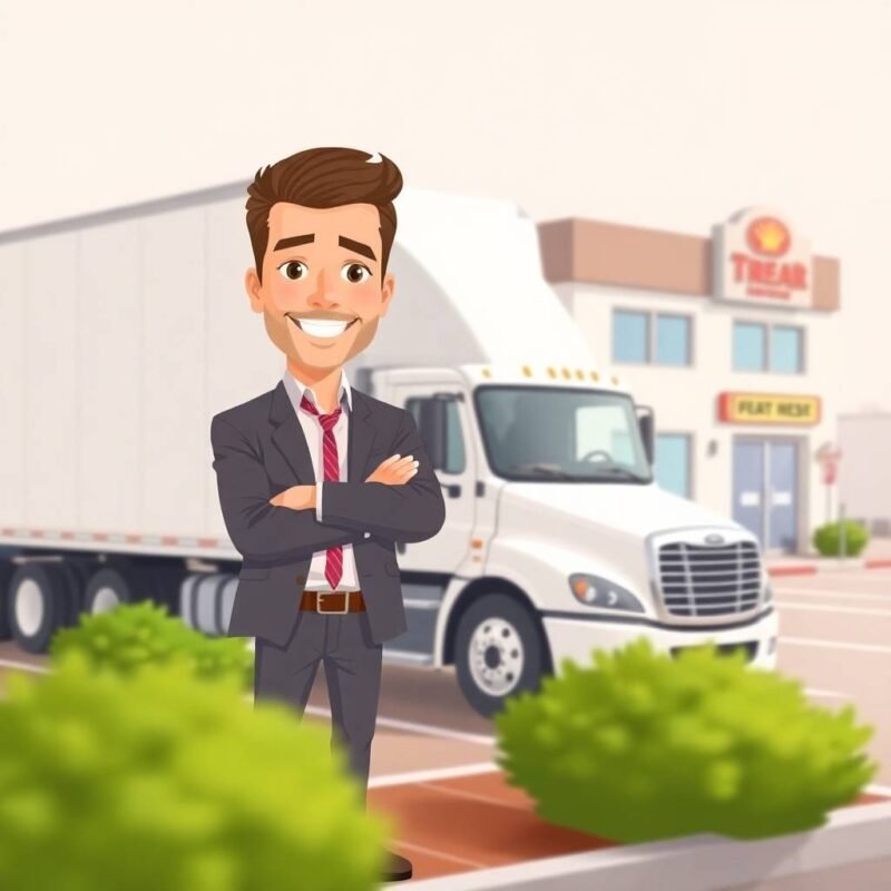FMCSA Compliance Assistance for Trucking Companies illustrated by a confident male trucking company owner standing beside a white semi-truck