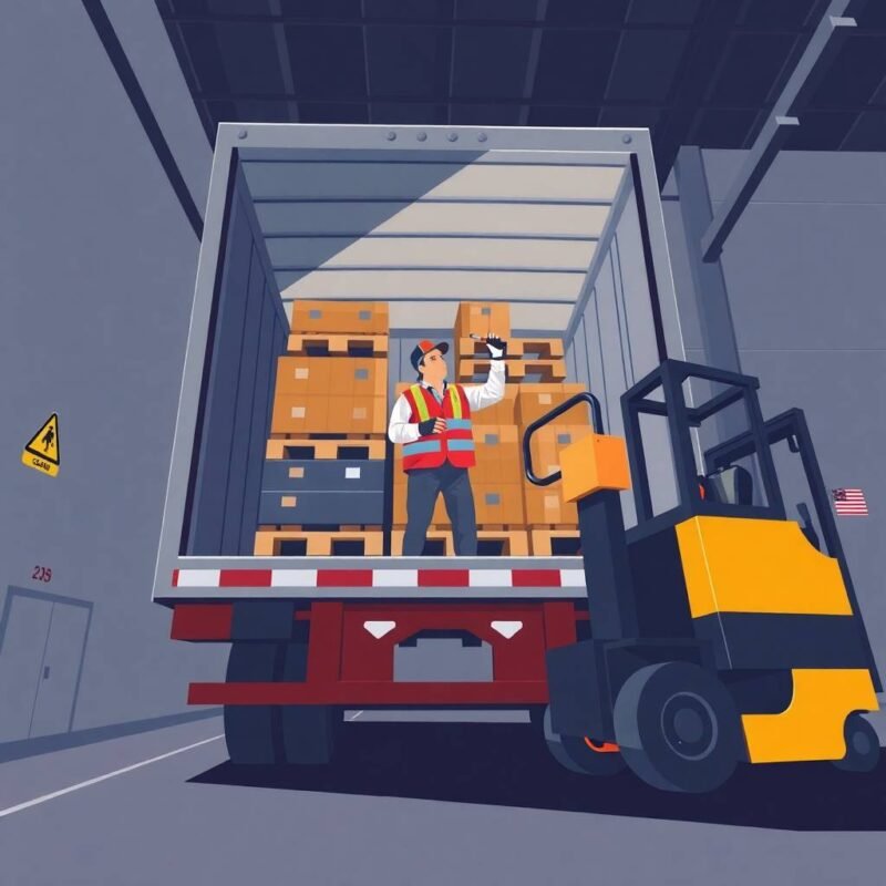 FMCSA Compliance Assistance for Trucking Companies illustrated by a truck driver inspecting secured cargo inside a semi-truck trailer at a warehouse dock