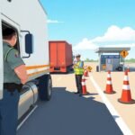 FMCSA Compliance Help for Owner-Operators shown in a flat-style roadside DOT inspection with officers and semi-trucks.
