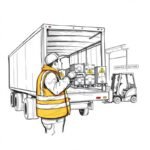 FMCSA Compliance Help for Owner-Operators illustrated in a hand-drawn sketch showing a driver securing cargo in an open semi-truck trailer beside a warehouse dock.