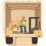 FMCSA Compliance Help for Owner-Operators showing a truck driver securing cargo with a ratchet inside an open trailer beside a forklift and stacked pallets.