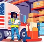 Flat style illustration of a truck driver with a clipboard next to an American flag-decorated semi-truck at a warehouse loading dock—perfect for content urging users to Book Your Free Compliance Review Today.