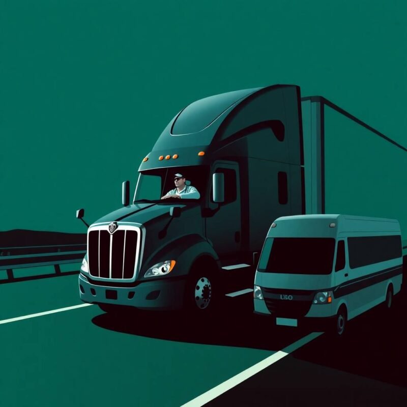Flat style illustration of an American semi-truck on the highway with a visible truck driver, paired with a shipper’s van—perfect visual representation to encourage viewers to Book Your Free Compliance Review Today