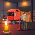 Flat style illustration of a truck driver beside a semi-truck at a candlelit warehouse loading dock—ideal to highlight the urgency to Book Your Free Compliance Review Today.