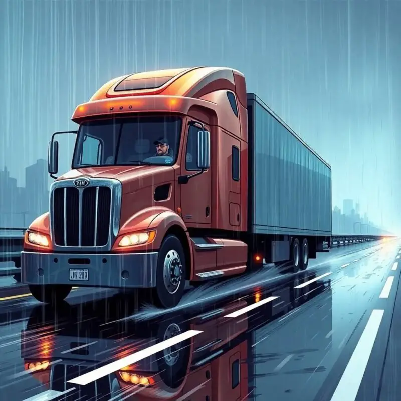 American semi-truck driving on a rain-slicked highway with a focused driver behind the wheel—flat style visual emphasizing urgency to Book Your Free Compliance Review Today.