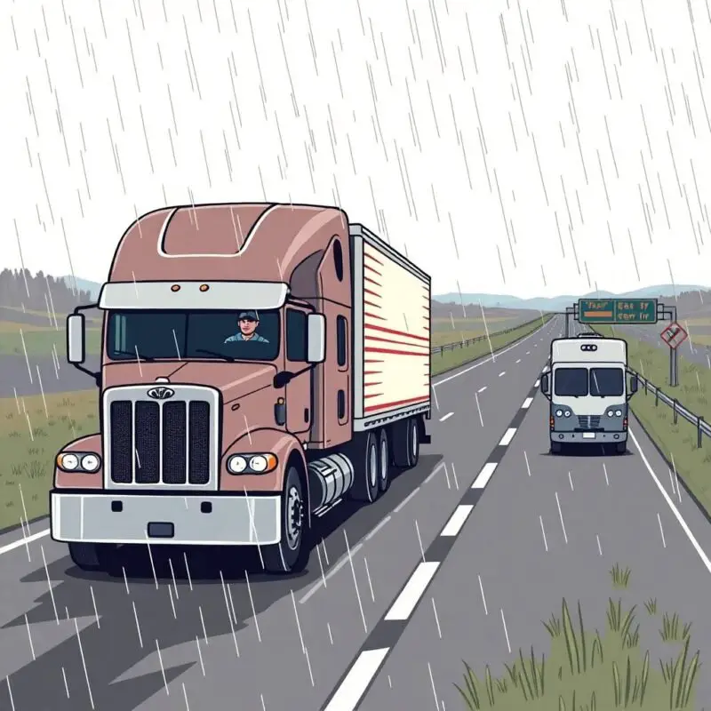 Flat style image of an American semi-truck driving in the rain, with a driver in a cap and sunglasses—ideal for promoting the message to Book Your Free Compliance Review Today.