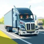 Flat style image of a semi-truck with two team drivers wearing sunglasses, driving on a clear highway—designed to encourage users to Book Your Free Compliance Review Today.