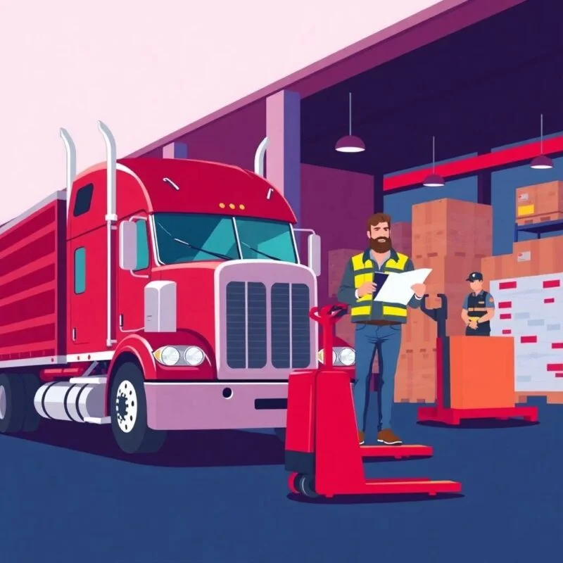 Flat style illustration of a red American semi-truck at a warehouse loading dock with a driver and shipper—highlighting the urgency to Book Your Free Compliance Review Today.