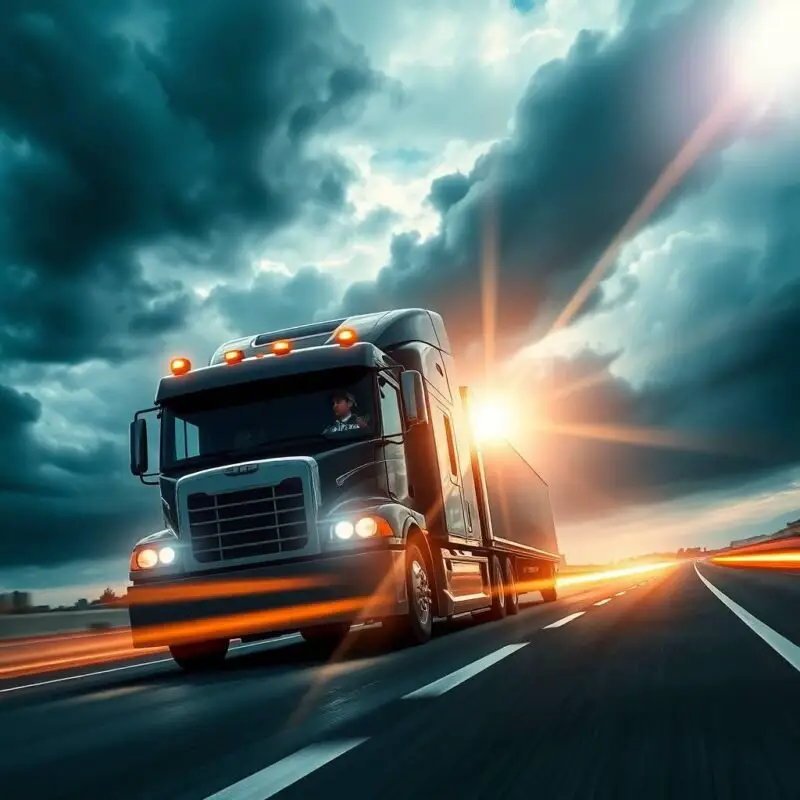 Epic semi-truck driving down the highway under a stormy sky with sunlight piercing through—ideal for content urging users to Book Your Free Compliance Review Today.