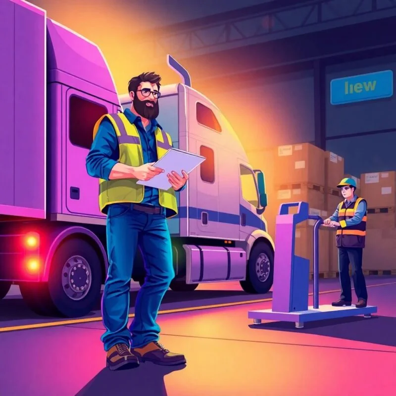 Flat style image showing a truck driver with a clipboard and a shipper loading freight—ideal for encouraging visitors to Book Your Free Compliance Review Today.