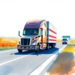 Watercolor-style flat illustration of a semi-truck on a bright highway with the driver in sunglasses—ideal for highlighting the call to Book Your Free Compliance Review Today.