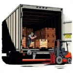 Flat style illustration of a truck driver using a scanner to secure and verify cargo inside a semi-trailer at a warehouse loading dock—ideal for encouraging viewers to Contact Our Compliance Team for FMCSA cargo compliance.