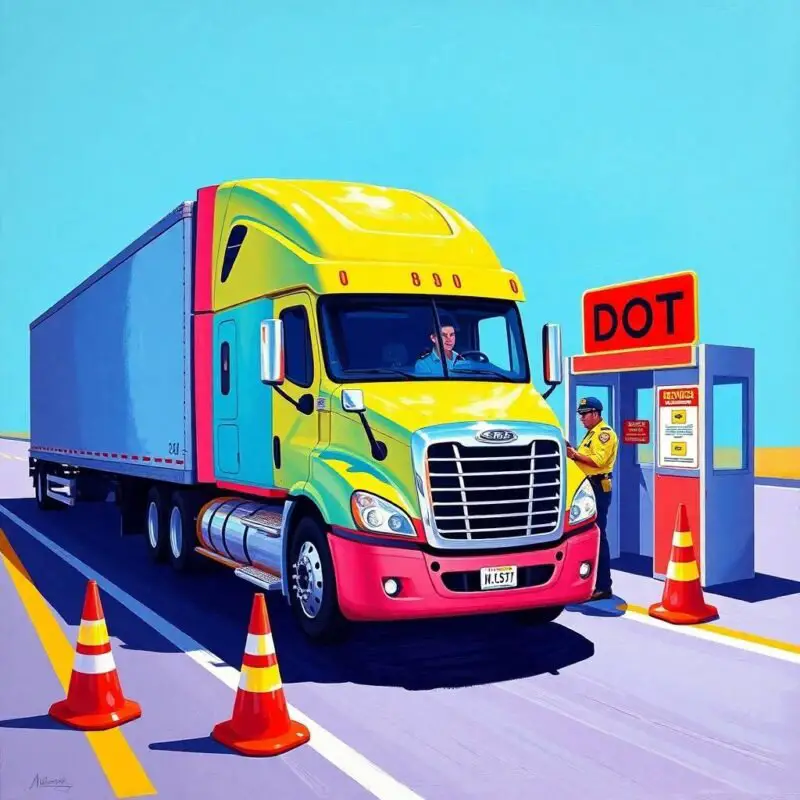 Flat style illustration of a colorful semi-truck stopped at a roadside DOT inspection station with cones, signage, and an officer—encouraging fleet operators to Contact Our Compliance Team for audit readiness.