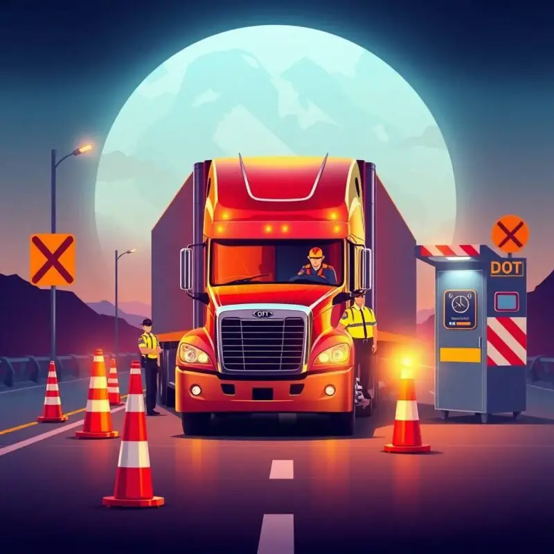 Flat style illustration of a semi-truck stopped at a DOT roadside inspection at night with officers and traffic cones present—perfect for emphasizing the need to Contact Our Compliance Team before audits or violations occur.