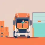 Flat design illustration of a truck driver organizing cargo inside a semi-truck at a loading dock—ideal for visual content prompting viewers to Contact Our Compliance Team for securement compliance help.