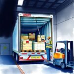 Flat style watercolor illustration of a truck driver securing stacked cargo inside a semi-trailer with a load bar—perfect for highlighting the need to Contact Our Compliance Team for FMCSA cargo compliance assistance.