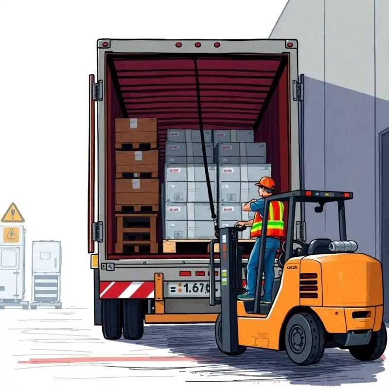 Flat style illustration of a truck driver securing cargo at a warehouse loading dock, ideal for emphasizing the importance of regulatory readiness—perfect for prompting viewers to Contact Our Compliance Team.