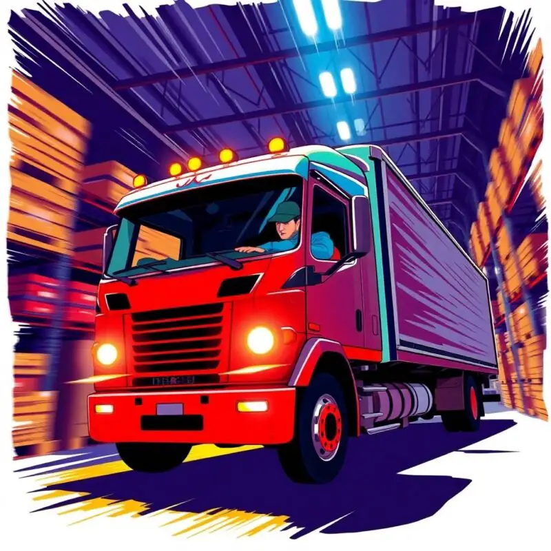 Flat style illustration of a truck driver maneuvering a red semi-truck inside a warehouse, surrounded by stacked cargo—ideal for conveying urgency and prompting viewers to Contact Our Compliance Team.