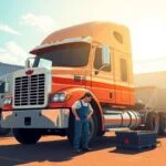 Flat style illustration of a mechanic inspecting an orange semi-truck in a sunny truck yard with an open toolbox—ideal visual for content encouraging users to Contact Our Compliance Team for maintenance-related compliance support.