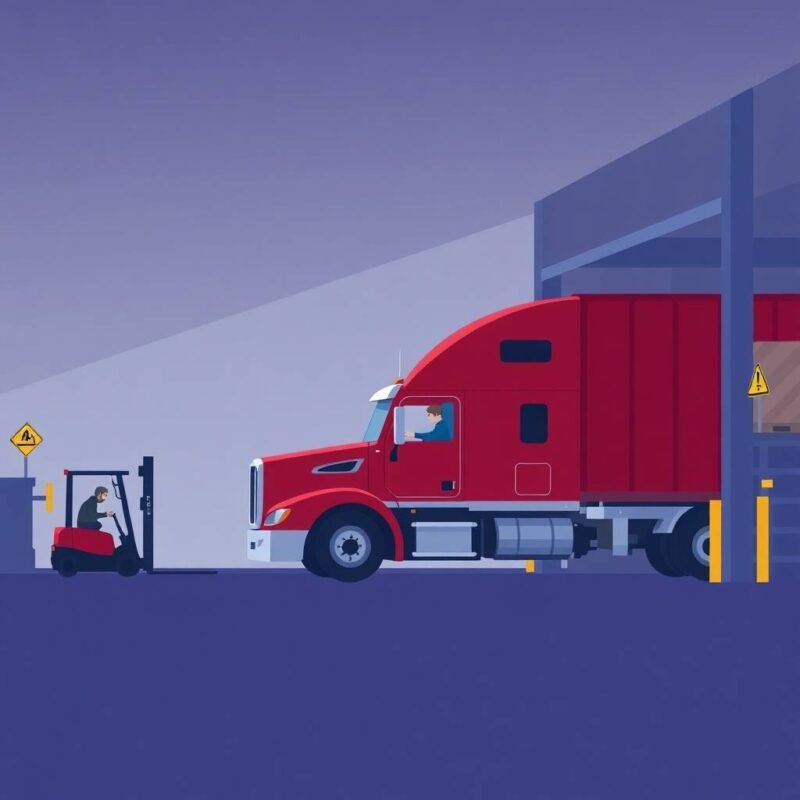 Flat style illustration of a semi-truck being loaded by a forklift at a warehouse dock—ideal for emphasizing safety and logistics readiness, reinforcing the need to Contact Our Compliance Team.