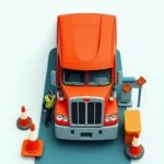 Overhead flat style illustration of a semi-truck being inspected by a DOT officer, surrounded by cones and signage—symbolizing thorough dot audit preparation.