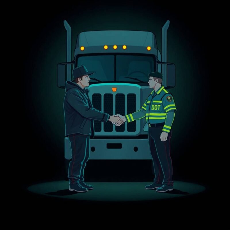 Flat origami-style illustration of a truck driver and DOT officer shaking hands in front of a semi-truck—symbolizing cooperation and success in dot audit preparation.