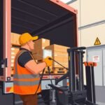 Flat style illustration of a truck driver using securement straps to stabilize cargo inside a semi-truck trailer at a warehouse loading dock—ideal for visualizing proper dot audit preparation procedures.