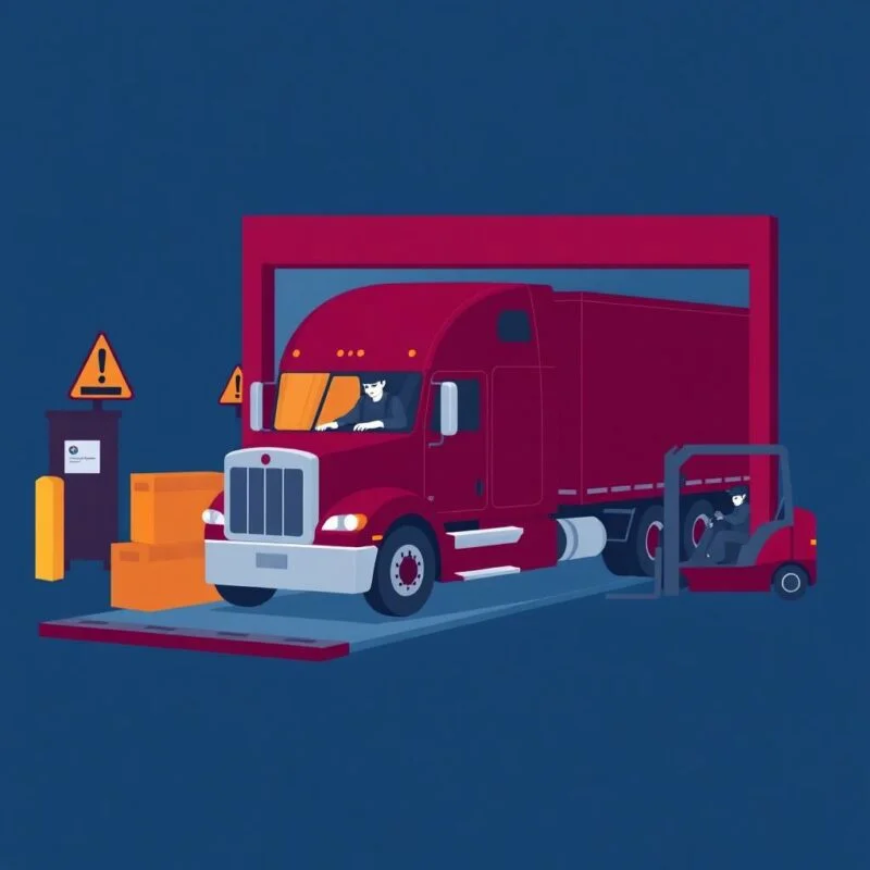 Flat style illustration of a truck driver and forklift operator managing cargo at a warehouse dock—highlighting key tasks in dot audit preparation