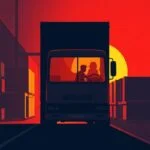 Flat style illustration of a truck driver silhouetted at sunset, preparing cargo inside a semi-truck at a warehouse—ideal for dot audit preparation content emphasizing end-of-day inspections.