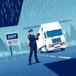 Flat style illustration of a DOT officer inspecting a semi-truck near a weigh station in the rain—highlighting critical moments in dot audit preparation.