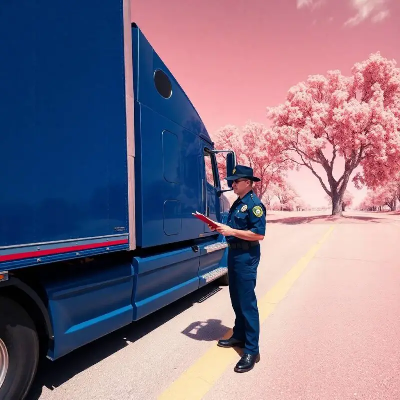DOT officer inspecting a blue semi-truck during a roadside check used for a disclaimer section