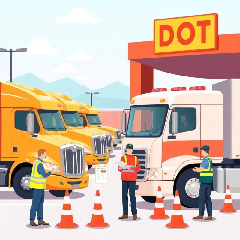 DOT officers conducting inspections at a truck inspection station used for a disclaimer section