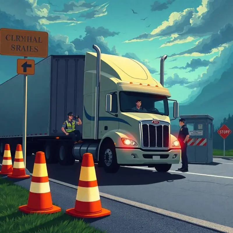 DQ File Setup and Monitoring visualized with a roadside DOT inspection involving a semi-truck and officers