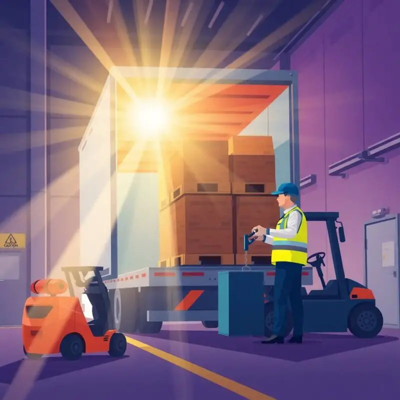 DQ File Setup and Monitoring showing a truck driver securing cargo at a warehouse dock using a forklift