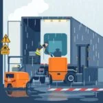 DQ File Setup and Monitoring showing a truck driver securing cargo during a rainy compliance inspection