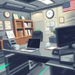 drug and alcohol testing management setup inside a futuristic compliance office with laptop, testing equipment, and audit documents