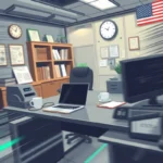 drug and alcohol testing management setup inside a futuristic compliance office with laptop, testing equipment, and audit documents