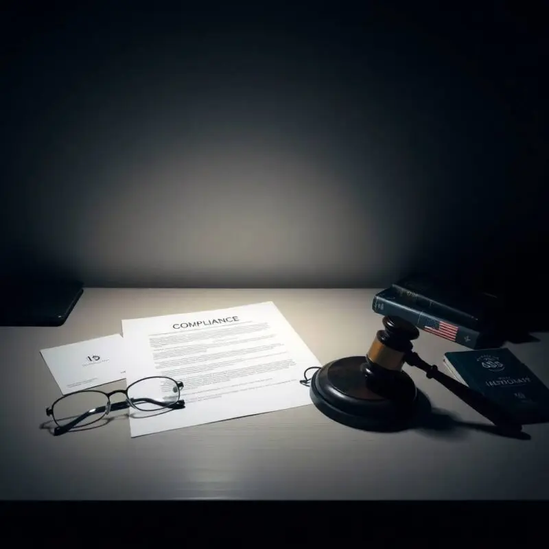 Flat style compliance document with gavel and legal references representing drug and alcohol testing management policies.