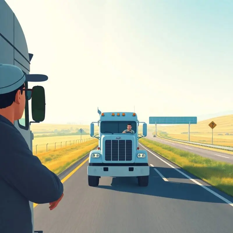 Flat style illustration of two semi-truck drivers on an open highway, symbolizing drug and alcohol testing management in the trucking industry