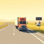drug and alcohol testing management illustrated by a semi-truck driving on an open highway at sunset in a flat cinematic style.
