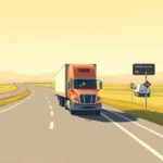 drug and alcohol testing management illustrated by a semi-truck driving on an open highway at sunset in a flat cinematic style.