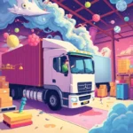 drug and alcohol testing management visualized through a surreal flat style illustration of a truck and cargo in a fantastical warehouse.