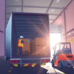 drug and alcohol testing management illustrated by a flat style image of a truck driver securing cargo at a warehouse dock.